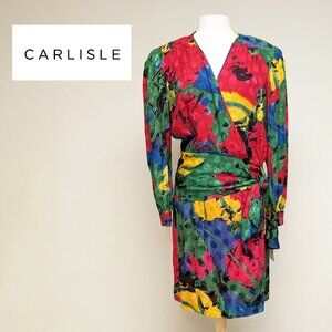 1980s CARLISLE 100% Silk Skirt Suit in Tropical Colors NWT
